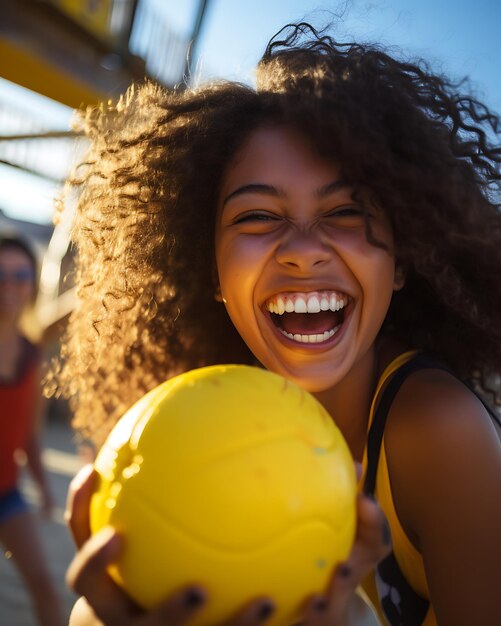 Photo smiley girl playing with a ball on the beach