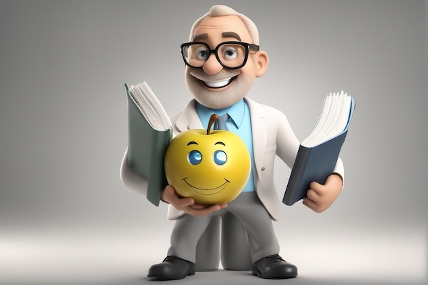 smiley teacher holding a bunch of books and an apple on world teachers day