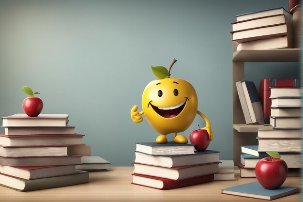 smiley teacher holding a bunch of books and an apple on world teachers day