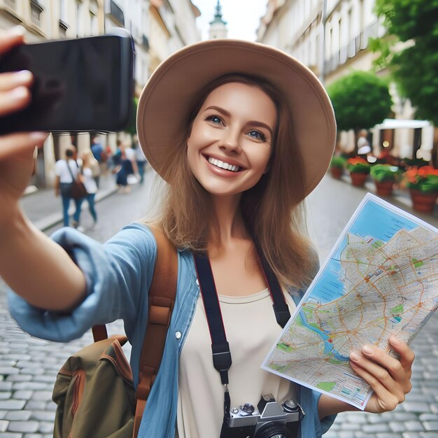 Foto una turista sorridente che tiene in mano una mappa e si fa un selfie