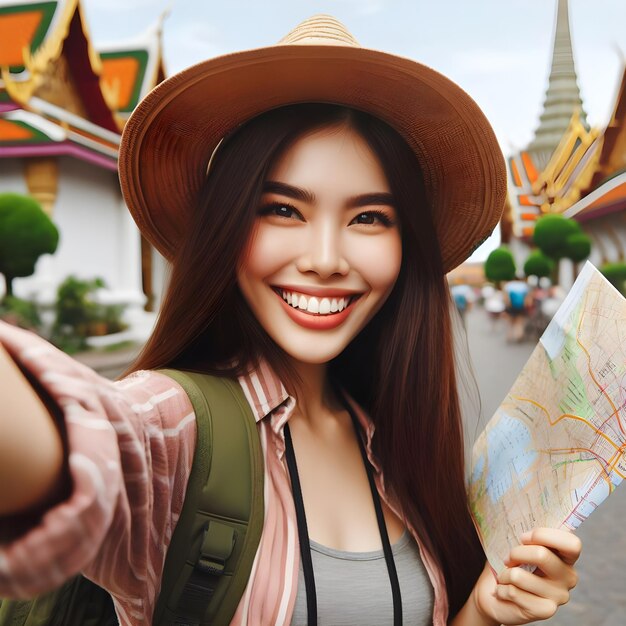 Smiley tourist woman holding map and taking selfie