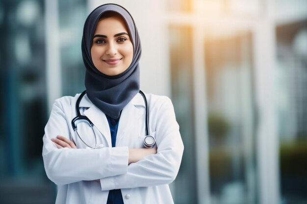 Smiley veiled doctor pointes with finger on the right side on blue background