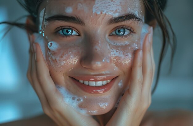 a smiley woman cleans her face