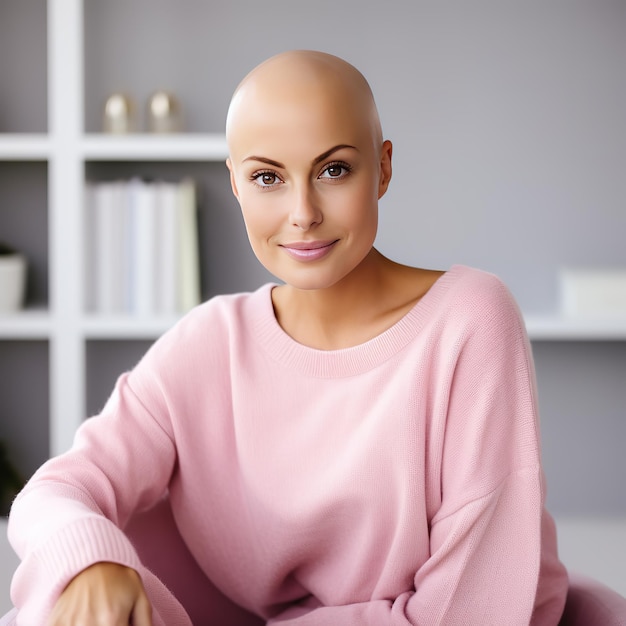 Smiley woman in pink sweater fighting breast cancer Generative AI