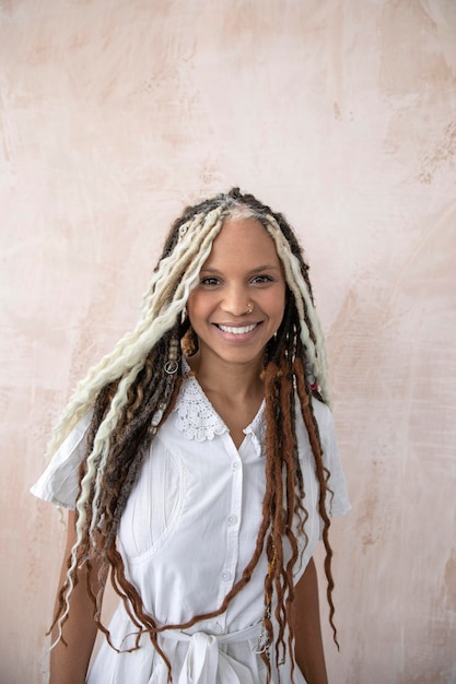 Smiley woman with creative pretty hair