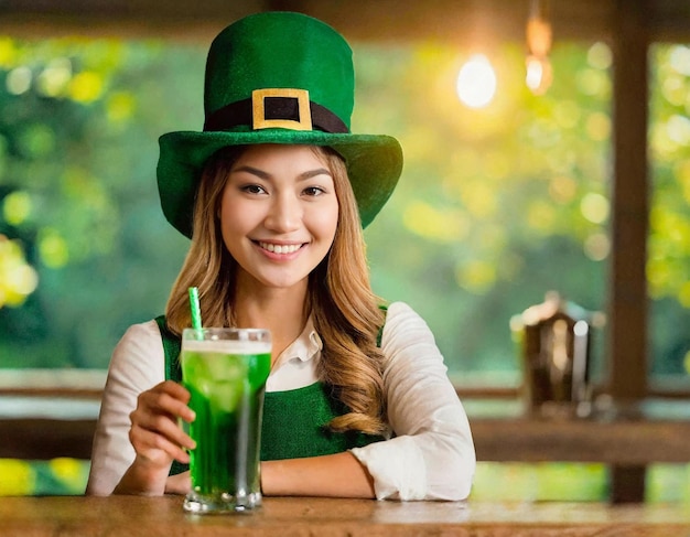 バーで飲み物を飲んで聖パトリックの日を祝う帽子をかぶった笑顔の女性