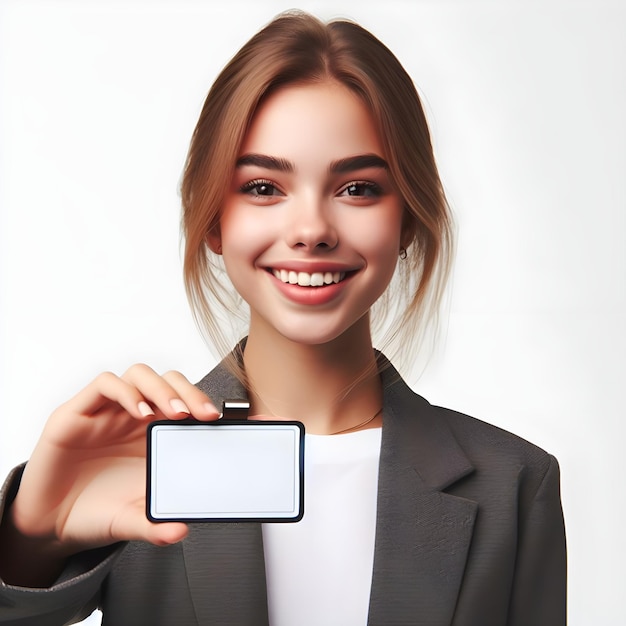 Smiley young girl business women showing empty id card demonstrate promo standing on white