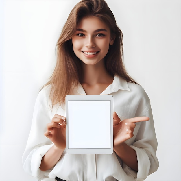 Smiley young girl business women showing empty tablet screen standing on white background