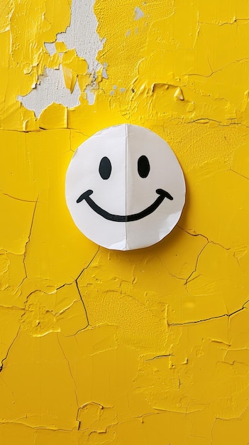 Smileygezicht op gele muur, een eenvoudige en vrolijke papieren decoratie