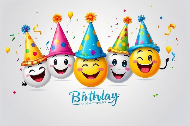 Foto smileys birthday vector greeting design con emoticon gialle divertenti e felici che indossano cappelli da festa colorati e testo di compleanno felice sullo sfondo bianco vuoto