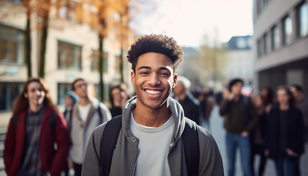 웃는 17 세의 국제 남성 학생은 독일의 대학에 있습니다.