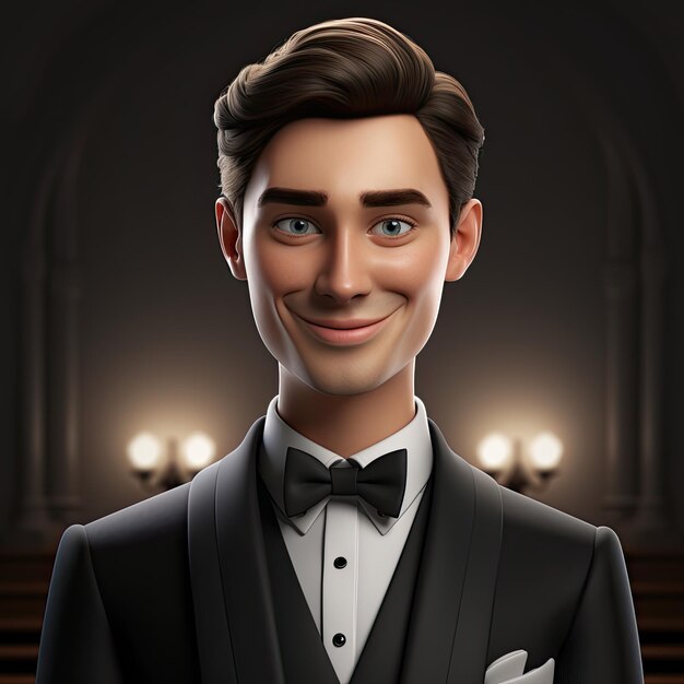 Smiling 3D Cartoon Waiter Dark Background