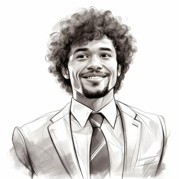 Foto uomo nero adulto sorridente con capelli ricci castani disegno illustrazione ritratto di una persona d'affari isolata su sfondo bianco disegno doodle creativo ai generato illustrazione quadrata