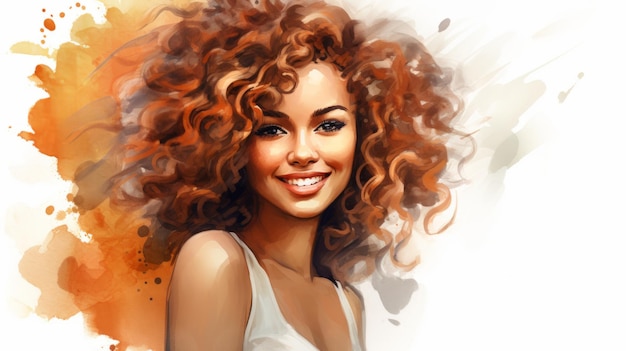 Photo smiling adult black woman with brown curly hair watercolor illustration portrait of casual person on white background with copy space photorealistic ai generated horizontal illustration