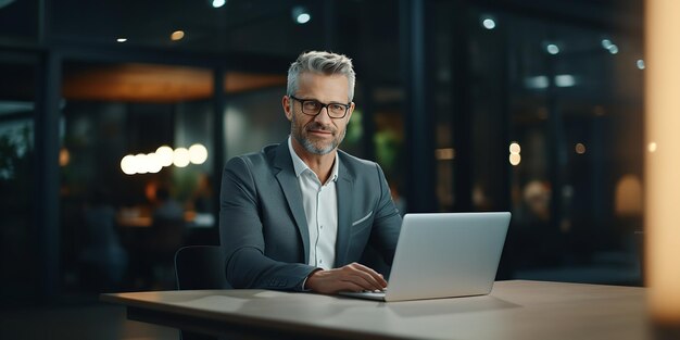 A smiling adult businessman who is using a laptop while seated at his desk Generative Ai