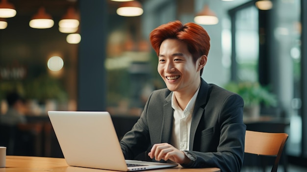 Smiling Adult Chinese Man with Red Straight Hair Photo Portrait of Business Person in the office in front of laptop Photorealistic Ai Generated Horizontal Illustration