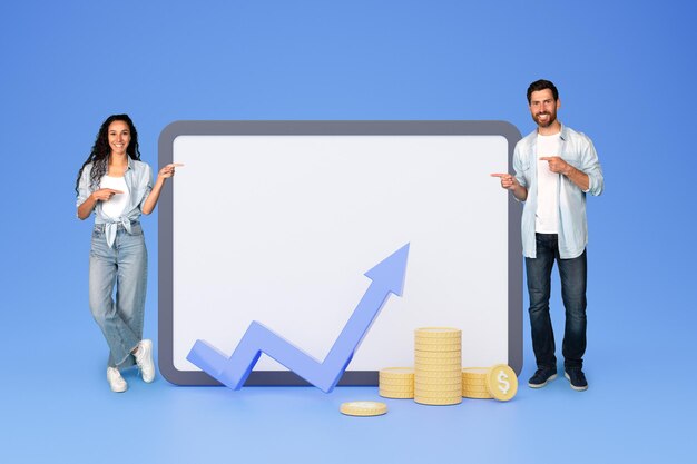 Smiling adult diverse family point fingers at large tablet with empty screen with abstract graph and