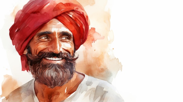 Smiling Adult Indian Man with Red Straight Hair Watercolor Illustration Portrait of Casual Person on white background with copy space Photorealistic Ai Generated Horizontal Illustration