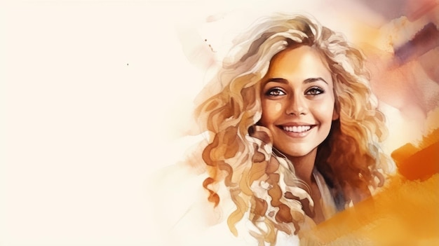 Smiling Adult Indian Woman with Blond Curly Hair Watercolor Illustration Portrait of Casual Person on white background with copy space Photorealistic Ai Generated Horizontal Illustration