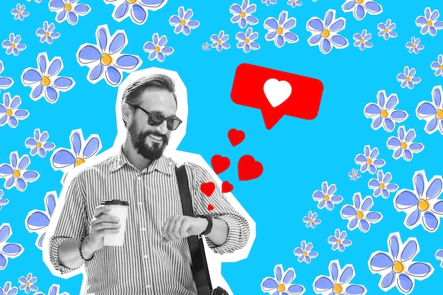 smiling adult male holding hot drink while reading message on smartwatch looking at screen drawing hearts above watch love romantic concept art collage
