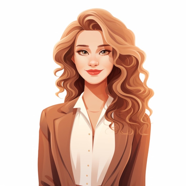 Улыбающаяся взрослая белая женщина с коричневыми прямыми волосами Плоская иллюстрация Портрет делового персонажа на белом фоне Бизнесмен в повседневной одежде Ai Generated Square Cartoon Illustration