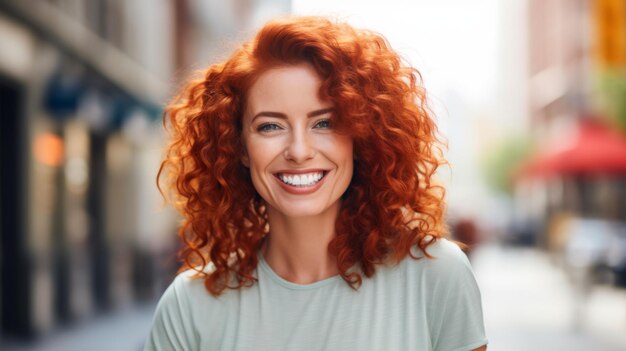 Smiling Adult White Woman with Red Curly Hair Photo Portrait of Casual Person in City Street Photorealistic Ai Generated Horizontal Illustration