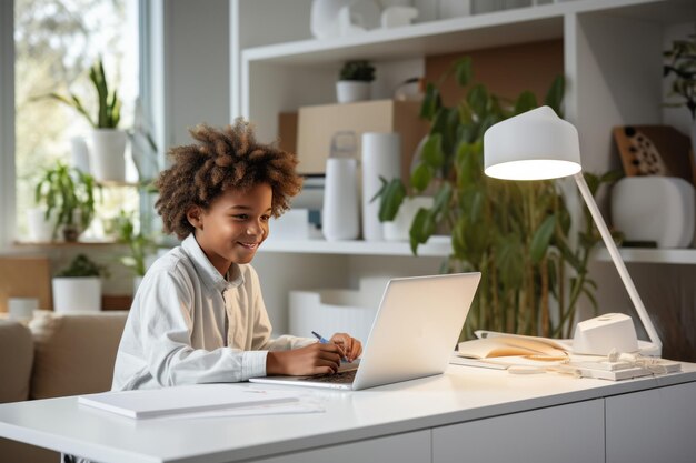 Photo smiling african american boy sitting at desk with laptop in cozy room smart black kid doing his