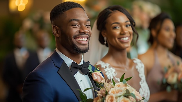 Smiling african american bride and groomsman with bouquet wedding day