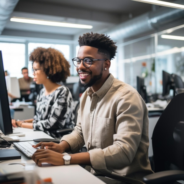笑顔のアフリカ系アメリカ人ビジネスマンがコンピューターで働いています