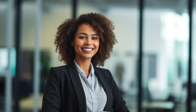 Smiling African American businesswoman in modern office space