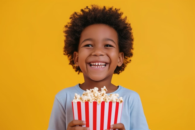 Smiling African American child boy eating popcorn from big cinema red striped box yellow background