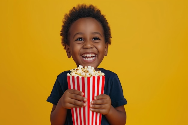 Smiling African American child boy eating popcorn from big cinema red striped box yellow background