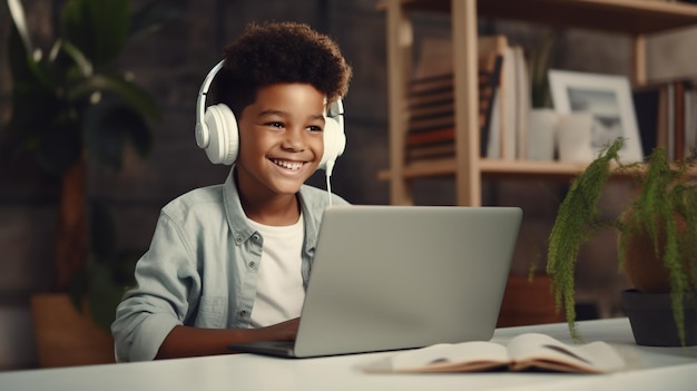 Smiling African American child school boy studying online on laptop at home with generative Ai