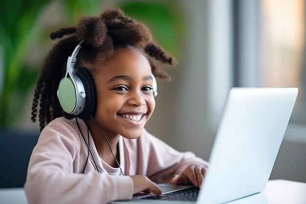 Smiling african american child schoolgirl studying online