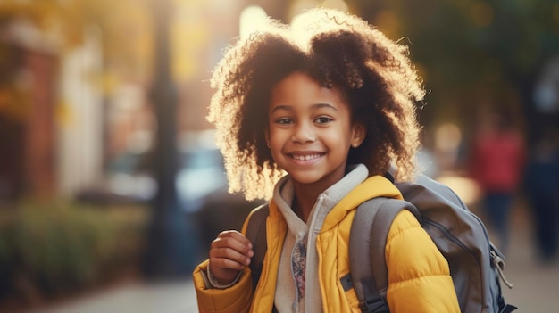 Smiling african american child schoolgirl with backpack going to school