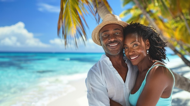 笑顔のアフリカ系アメリカ人カップルがビーチで抱きしめ合っている