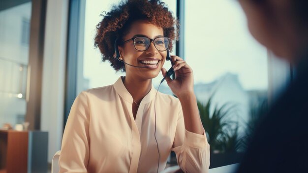 Smiling african american customer care representative working with headset in office
