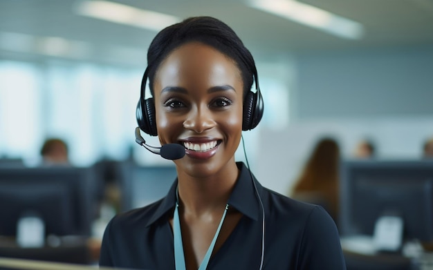 a smiling african american customer service representative woman working with headset in office