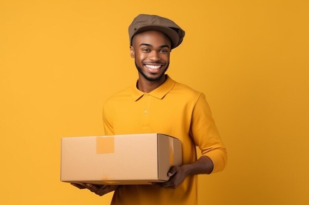 Smiling African American delivery man holding cardboard box isolated on yellow background