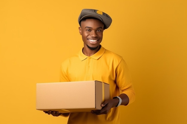 Smiling African American delivery man holding cardboard box isolated on yellow background