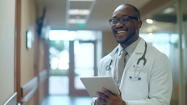 스테토스코프를 들고  코트를 입은 미소 짓는 아프리카계 미국인 의사, 직장에서 태블릿을 들고 있는 의료 전문가, 병원 복도에 있는 자신감 넘치는 의사, 인공지능