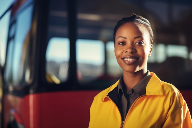 Smiling African American female bus driver in uniform