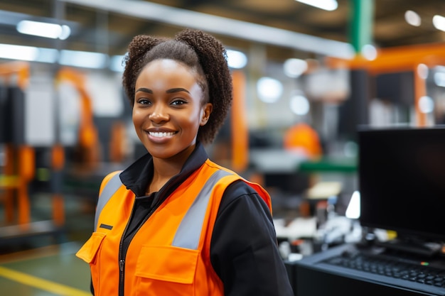 Smiling African American female industrial worker in safety gear operating machinery