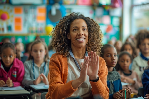 Smiling African American Female Teacher Clapping Hands in a Classroom Full of Diverse Students