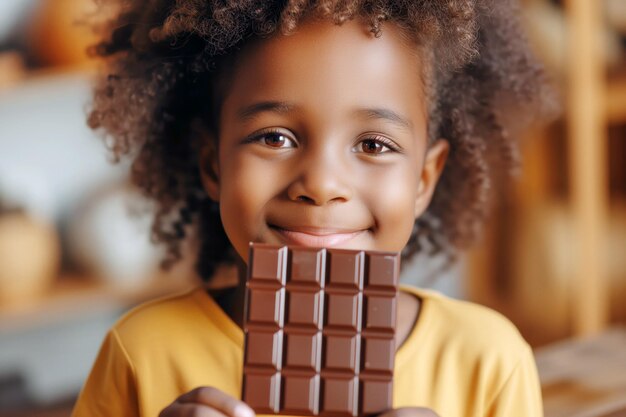 Smiling African American girl devours chocolate