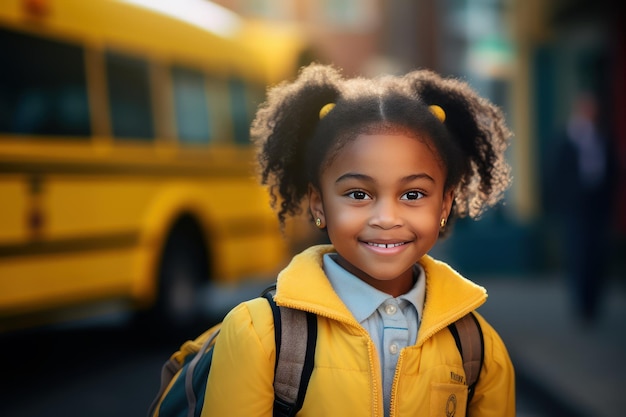 Smiling African American girl in front of a yellow school bus September and the beginning of school classes