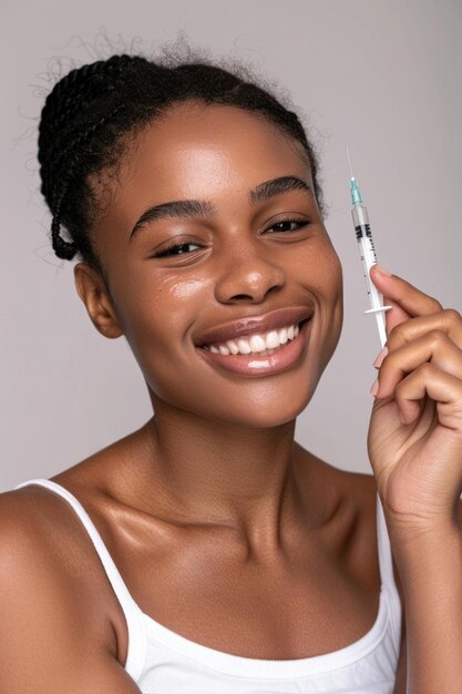 Smiling African American girl with a syringe in her hand on a plain background Skin care Spa day