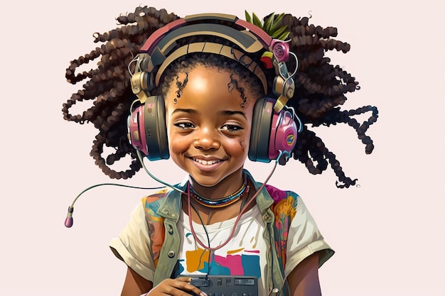 Foto sorridente bambina afroamericana con cuffia, illustrazione digitale