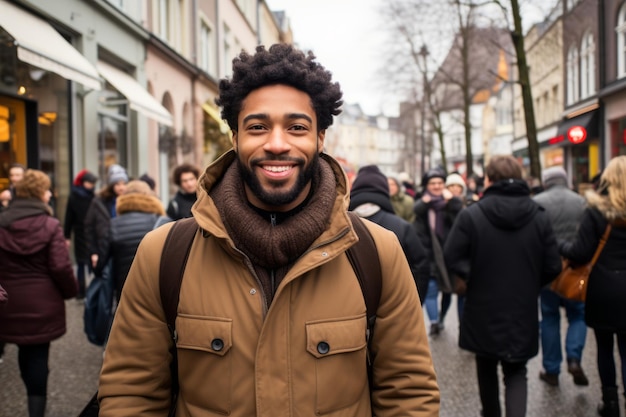 smiling african american man on a busy street in europe