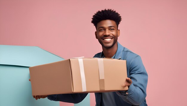 Photo smiling african american man holding boxes and looking at camera